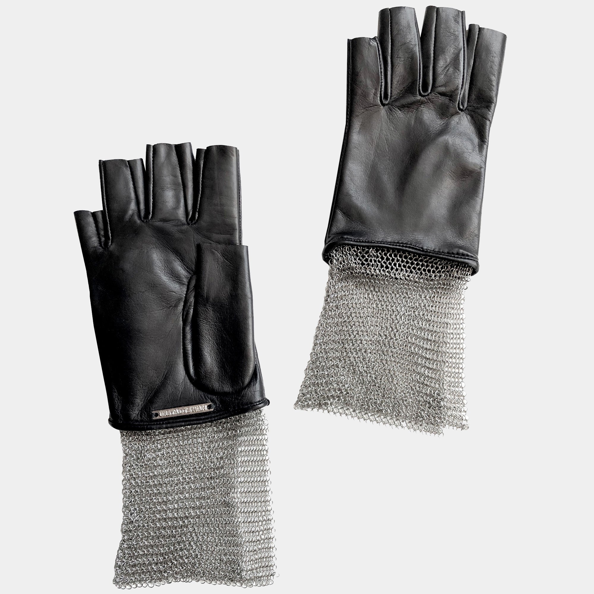 LEATHER AND CHAIN MESH FINGERLESS GLOVES