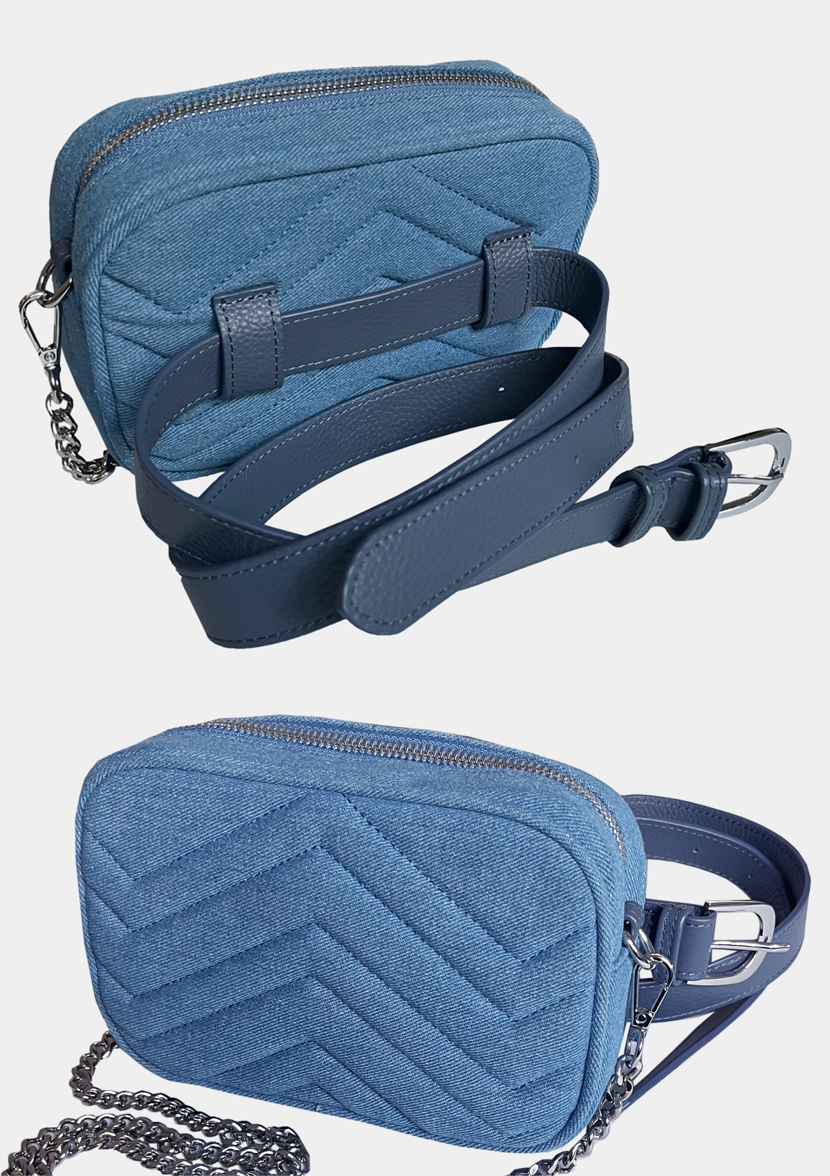 QUILTED DENIM CROSSBODY CHAIN BELT BAG