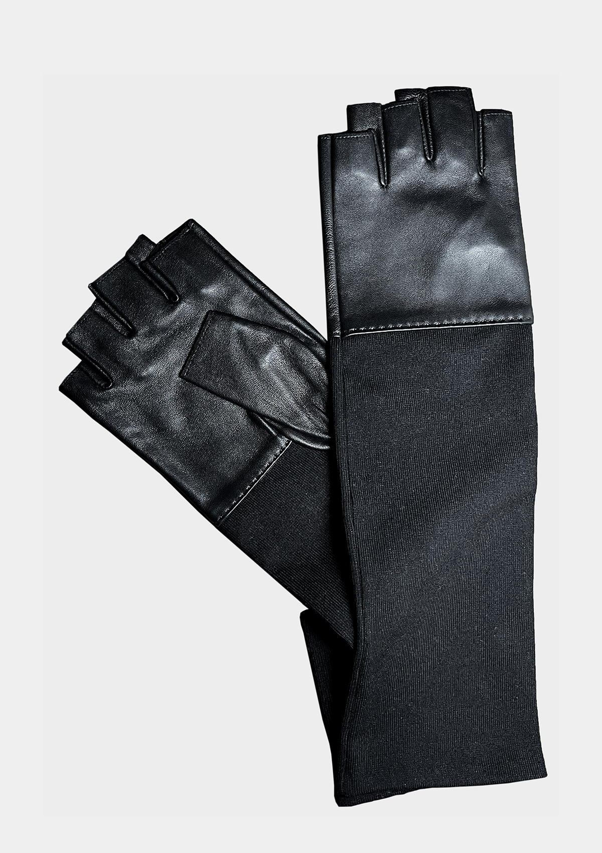 FINGERLESS LEATHER AND KNIT GLOVES