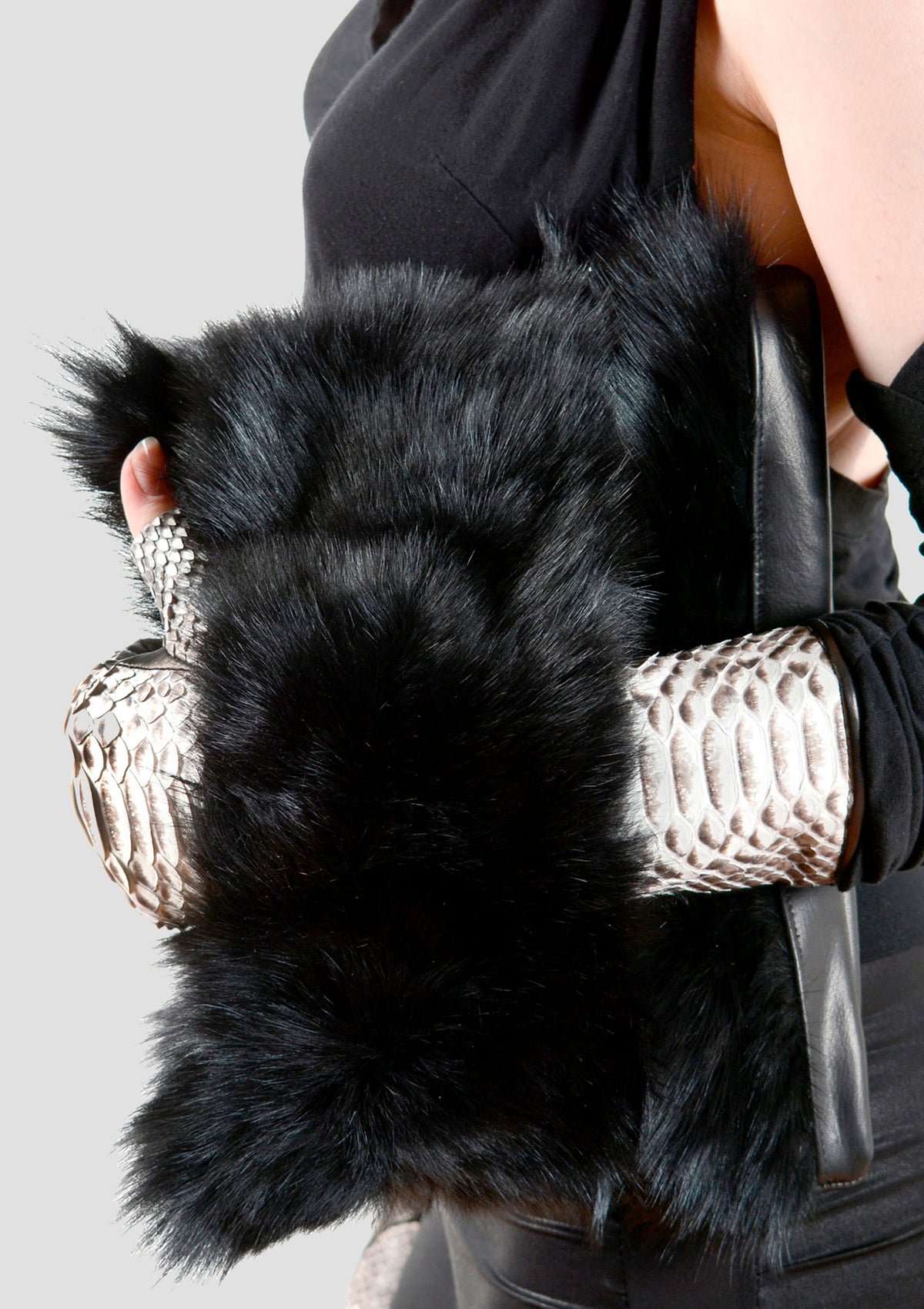 Faux Black Fur Leather Clutch