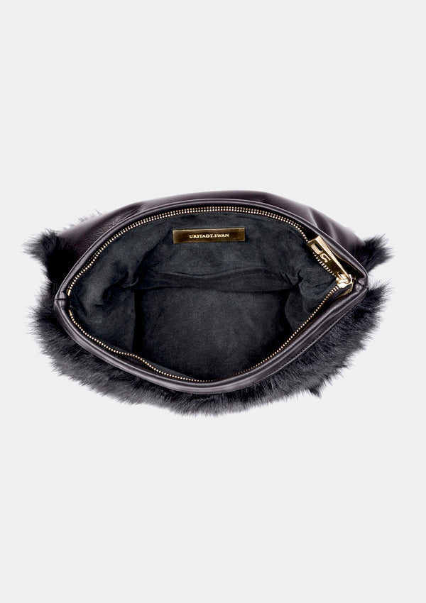Leather & Faux Fur Pillow Clutch in Black