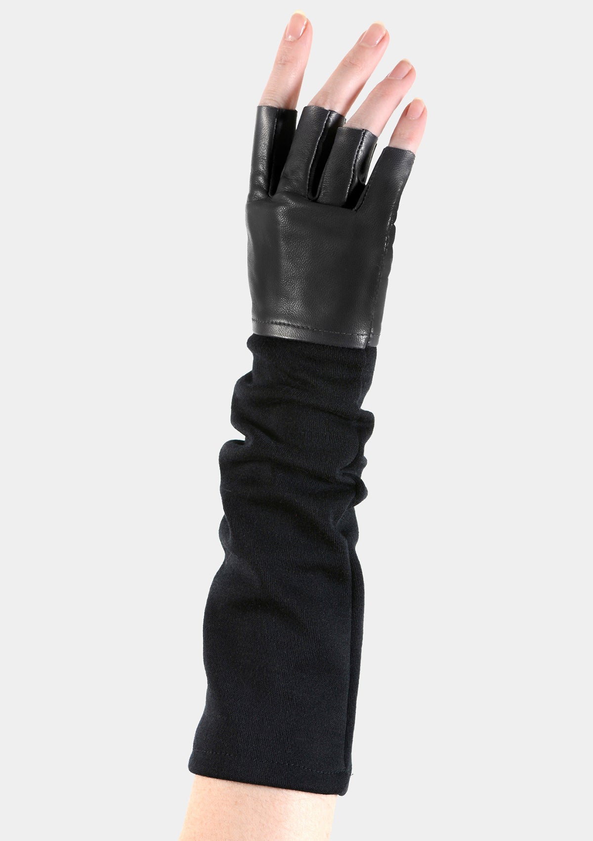 Long black fingerless leather knit gloves
