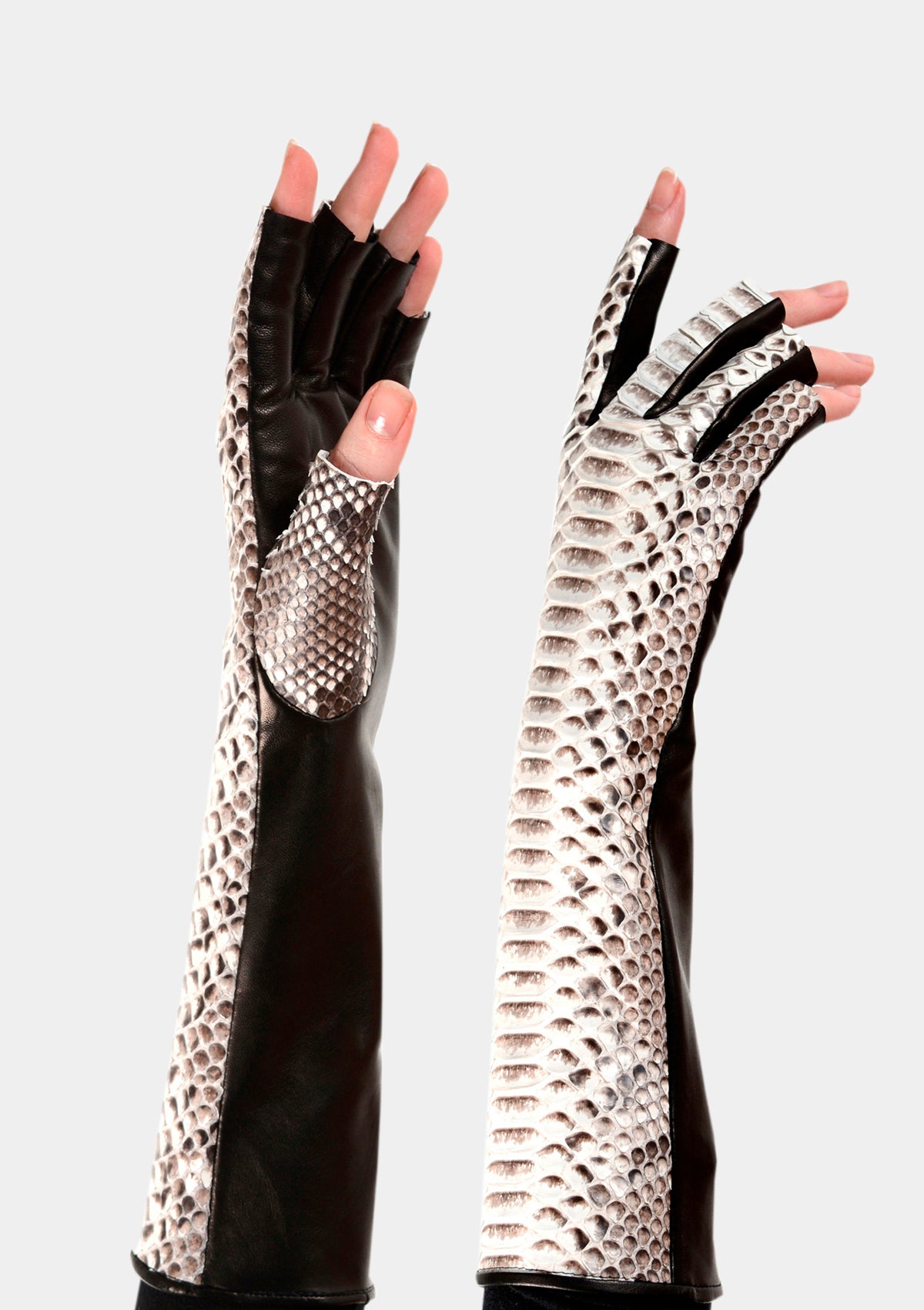 Long Python snake skin fingerless leather gloves 