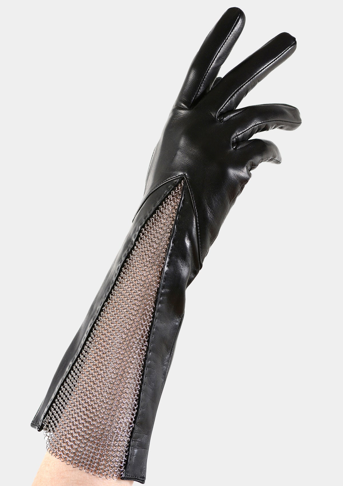 Long black chain mesh leather gusset gloves for women