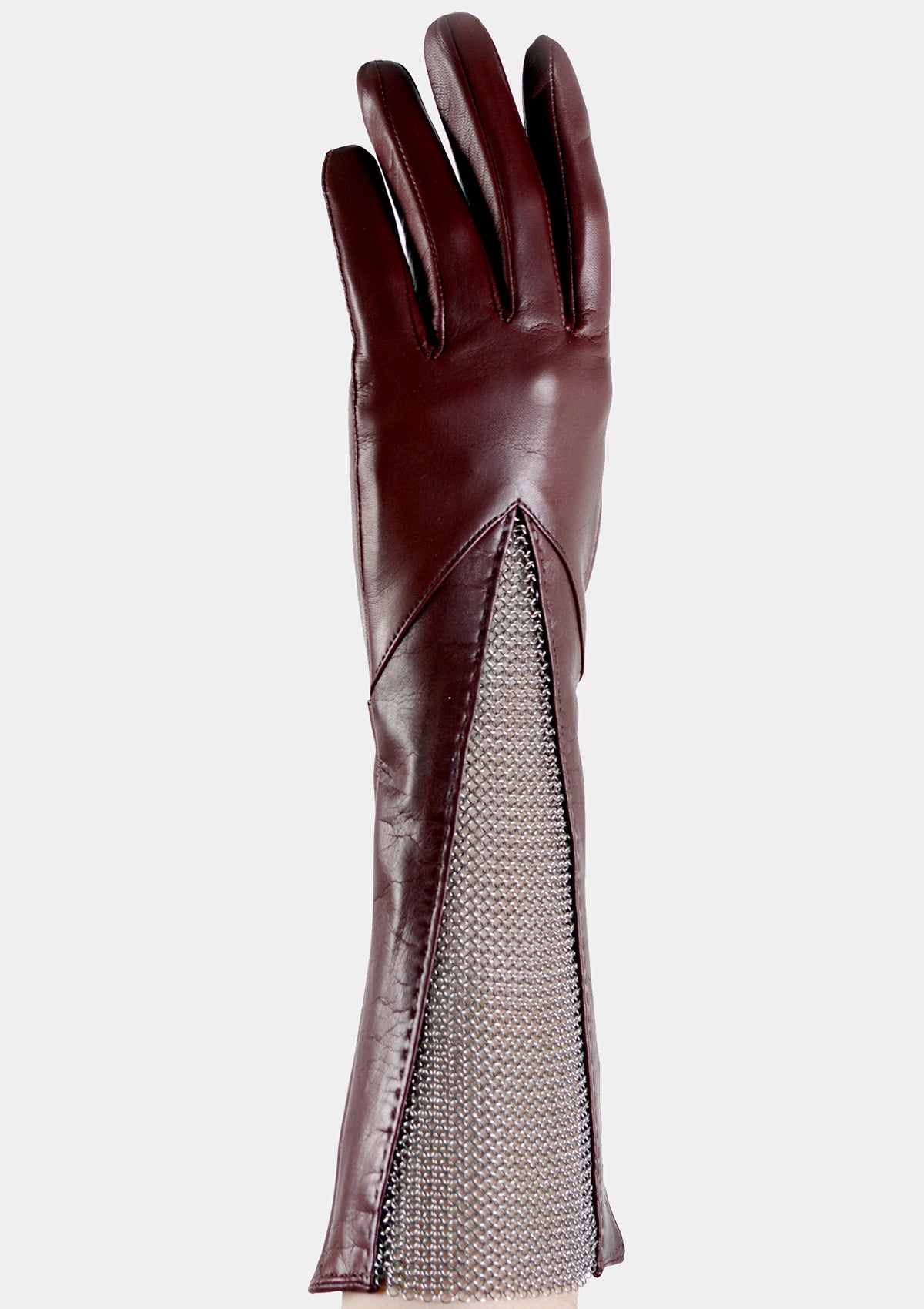 Long burgundy chain mesh leather gusset gloves