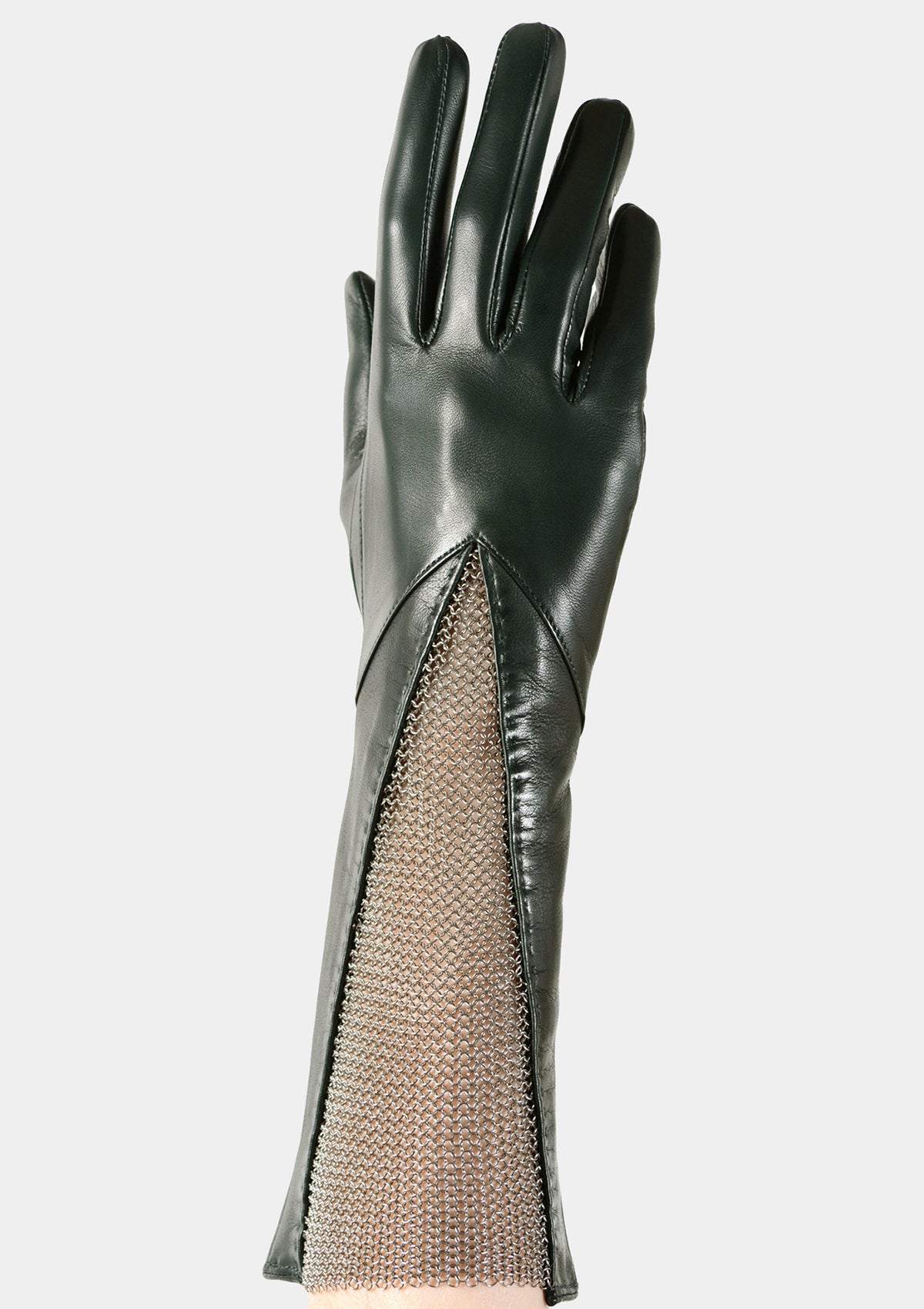 Long forest green chain mesh leather gusset long gloves