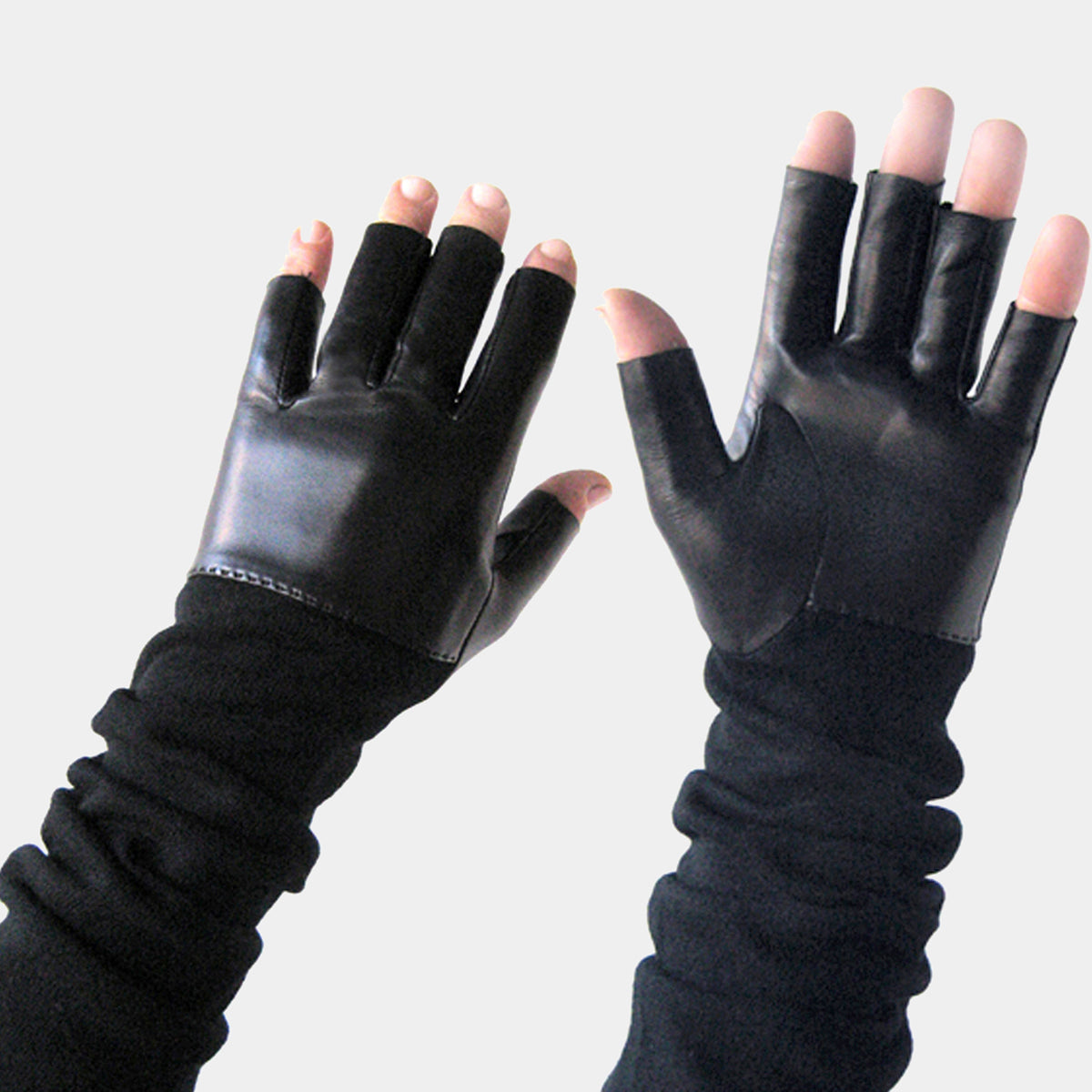 KNIT FINGERLESS GLOVES AND MENS LEATHER