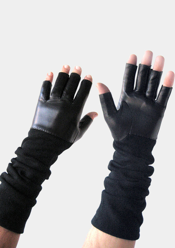 MENS FINGERLESS LEATHER AND KNIT GLOVES